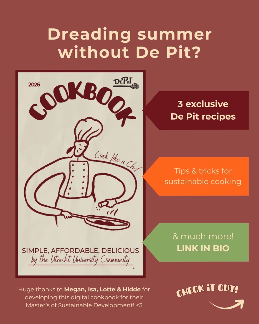 Cover of the De Pit 2026 cookbook, 'Simple, affordable, delicious'.