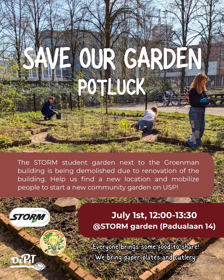 Students working in the STORM garden, poster for the Save Our Garden potluck.