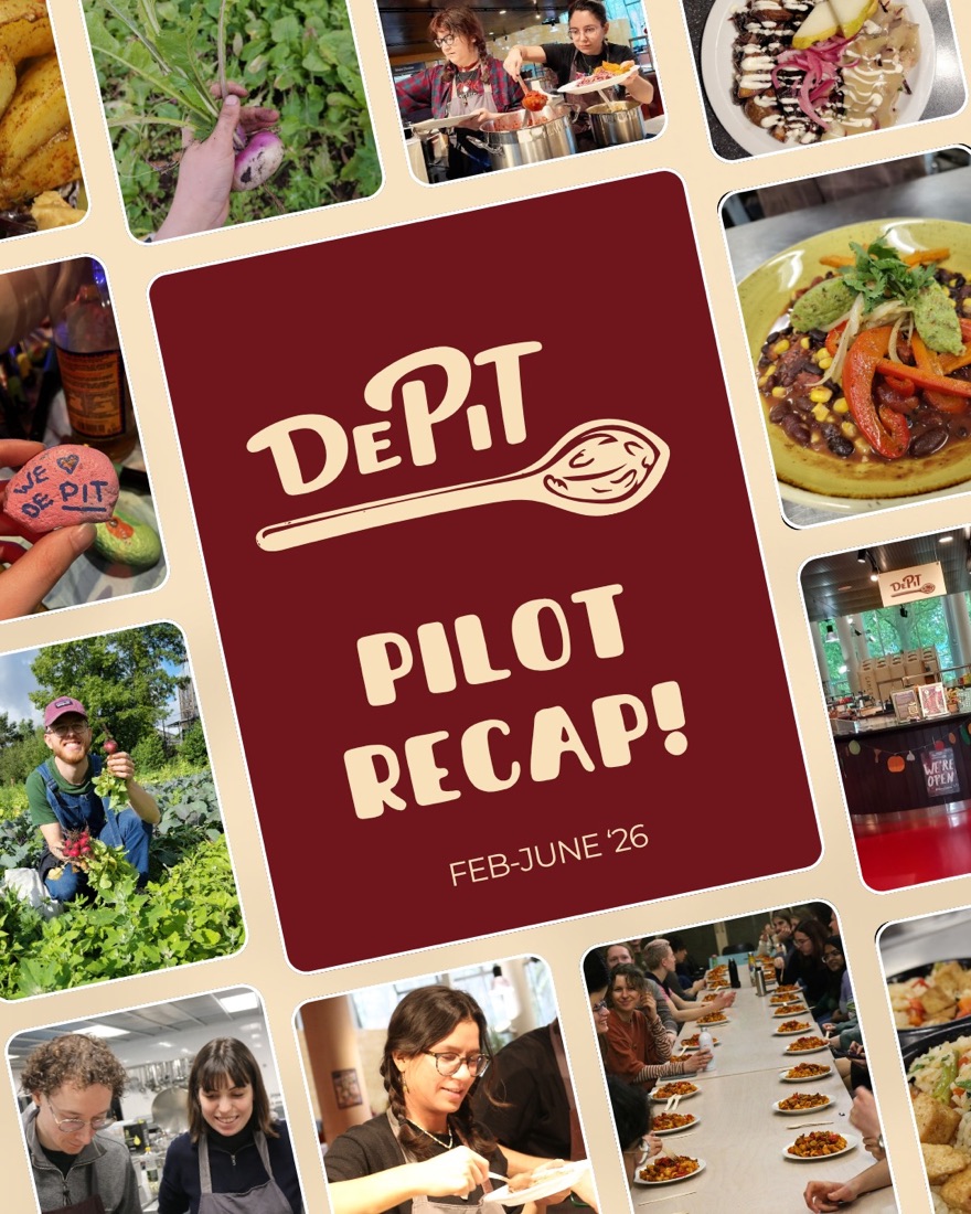 Collage of photos from the De Pit pilot: volunteers cooking and serving, plates of food, and a long shared table.